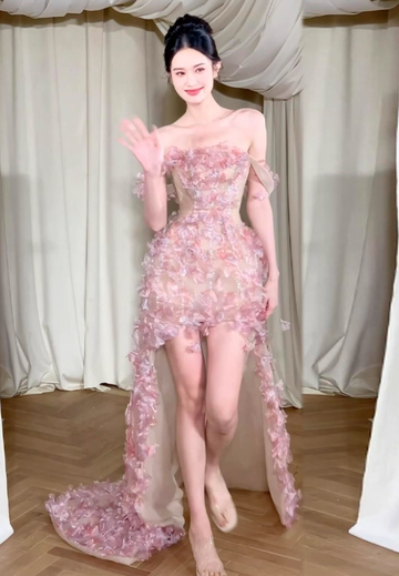 Romantic A Line Off the Shoulder Floral Tulle Prom Dress 16th Birthday Dress HZ1023